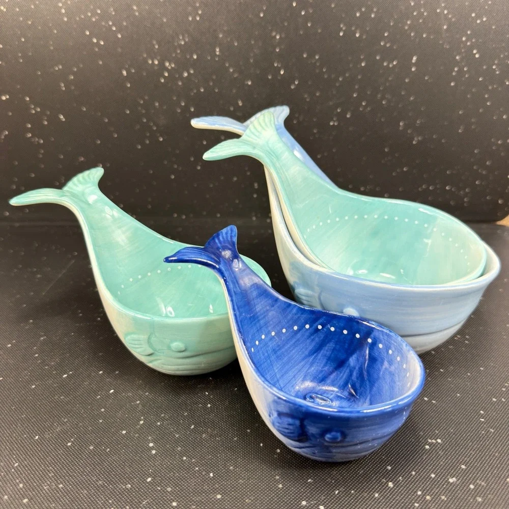 Anthropologie Whale Ceramic Measuring Cup Set Blue Teal 4 Piece Nesting Set